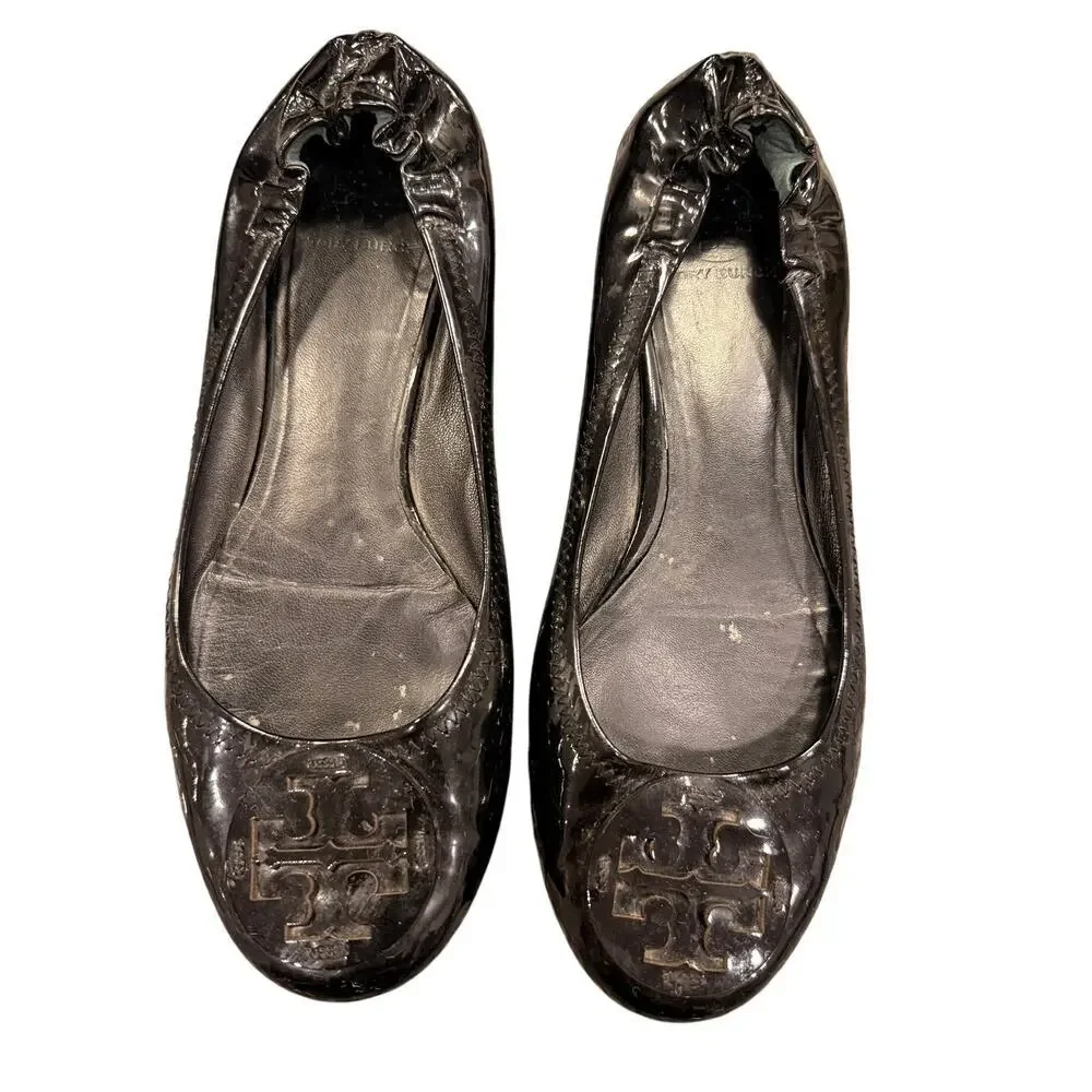 Tory Burch Black Patent Ballet Flats – Size 9 – Classic Logo Style